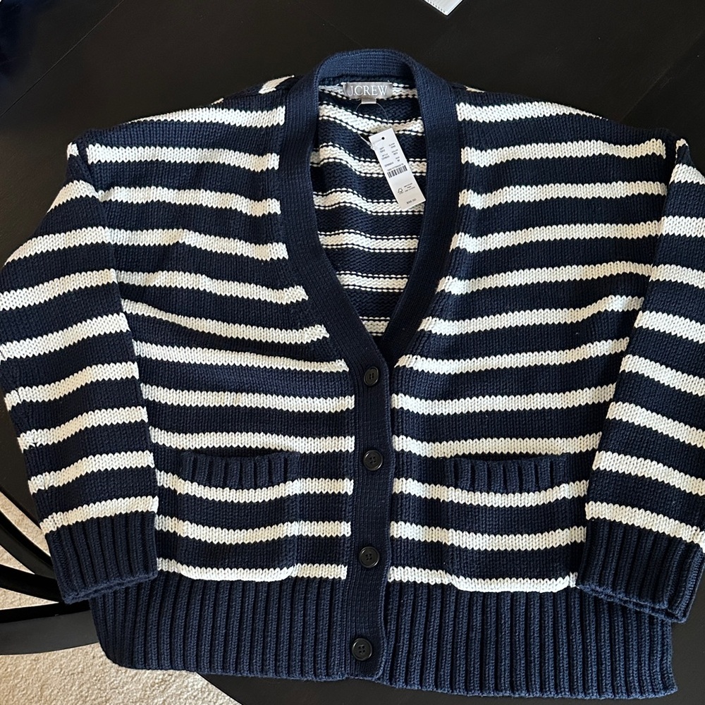 J. Crew Women's Navy and Cream Striped Cardigan